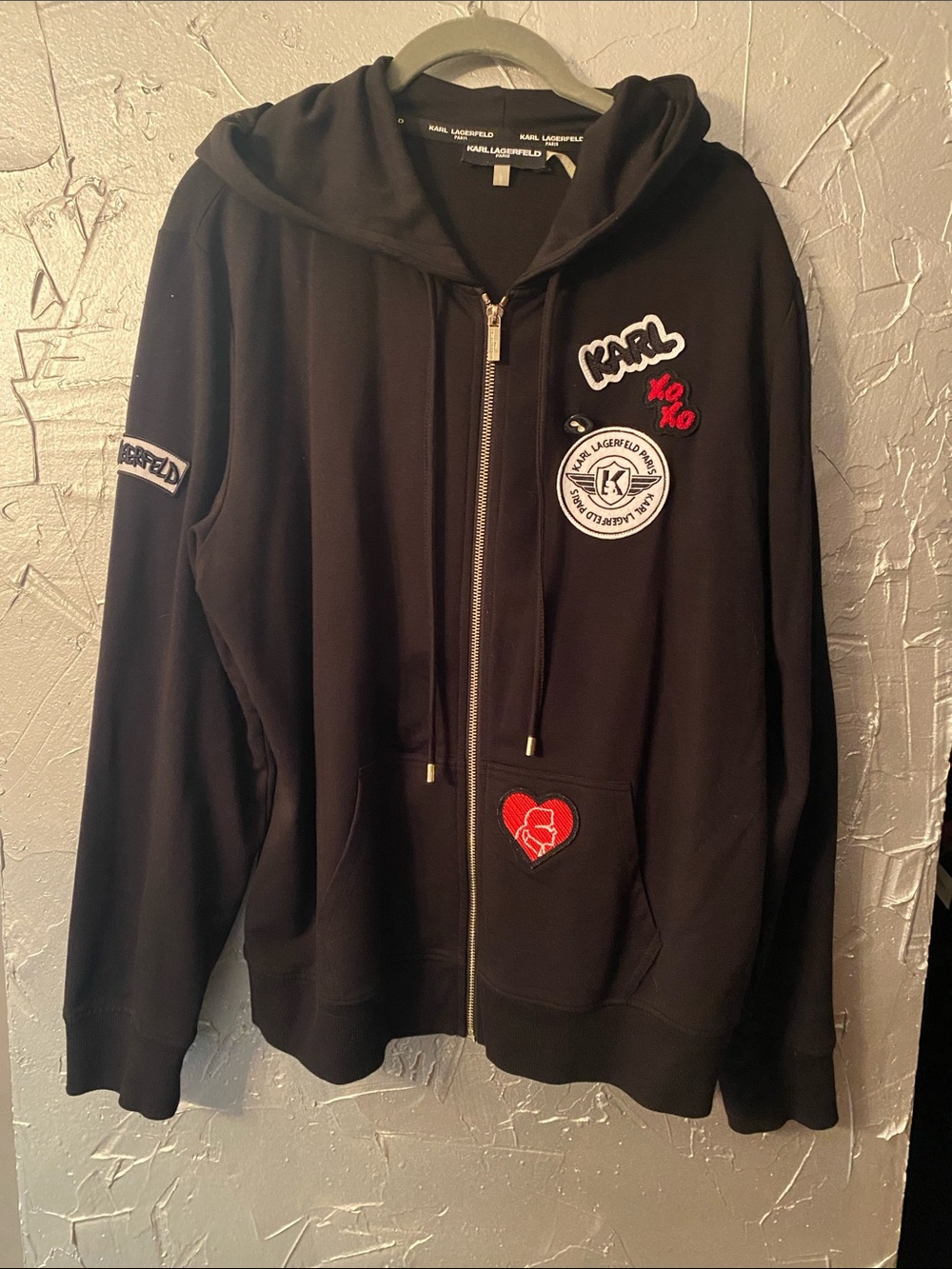 Karl Lagerfeld Black Zip Hoodie with Embroidered Patches